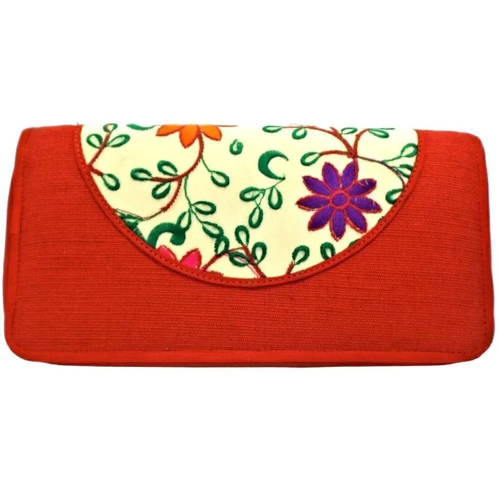 Aarong Bangladesh red embroidered clutch zip closure